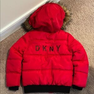 DKNY Vibrant Red Jacket with removable Faux Fur Trim.